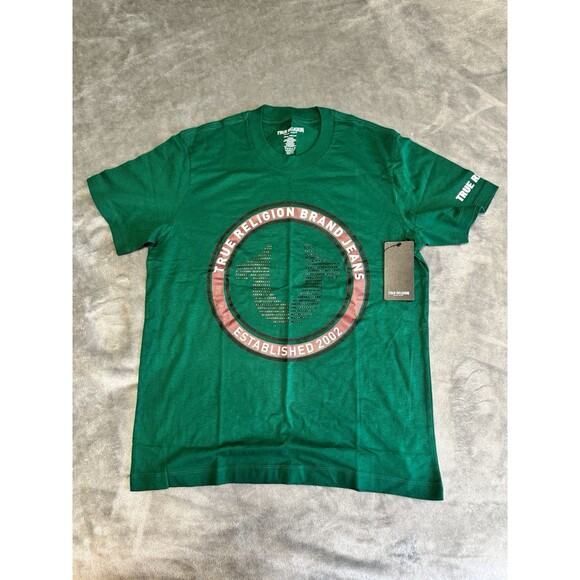 NWT TRUE RELIGION Mens Green Crew Neck Short Sleeve T-Shirt Size Medium - Picture 1 of 7